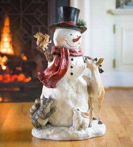 Holiday Woodland Snowman Statue with Animals