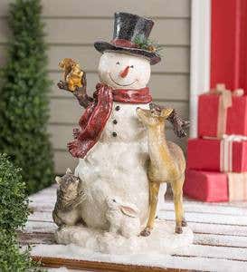 Holiday Woodland Snowman Statue with Animals