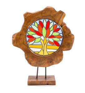 Stained Glass Tree of Life in Teak Wood Frame