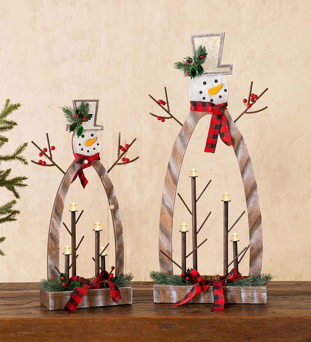 Tabletop Lighted Wooden Snowmen, Set of 2