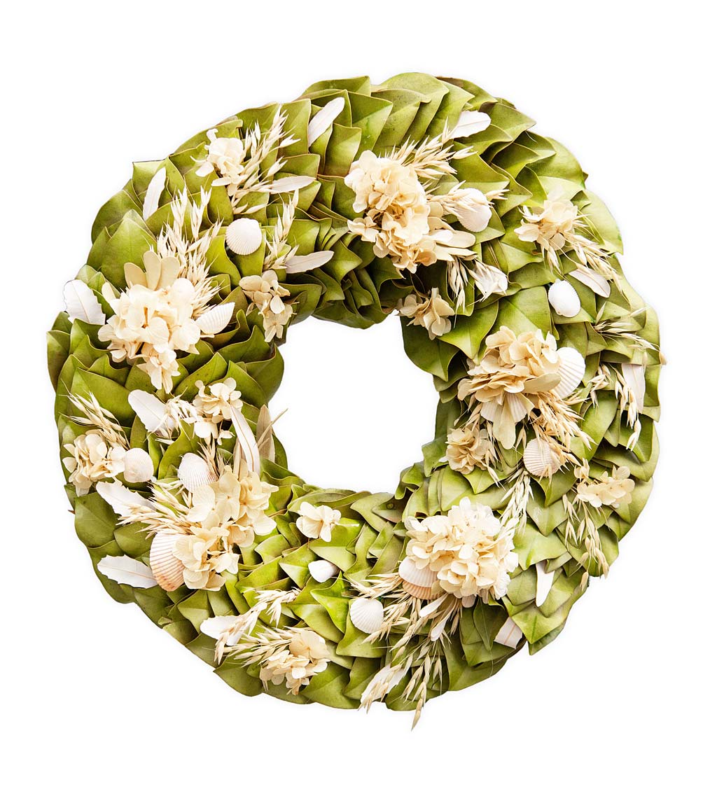 Handcrafted 18" Coastal Breeze Magnolia and Seashell Wreath