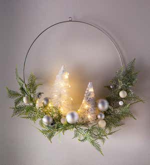 Lighted Holiday Hoop Wreath with Bottle Brush Trees