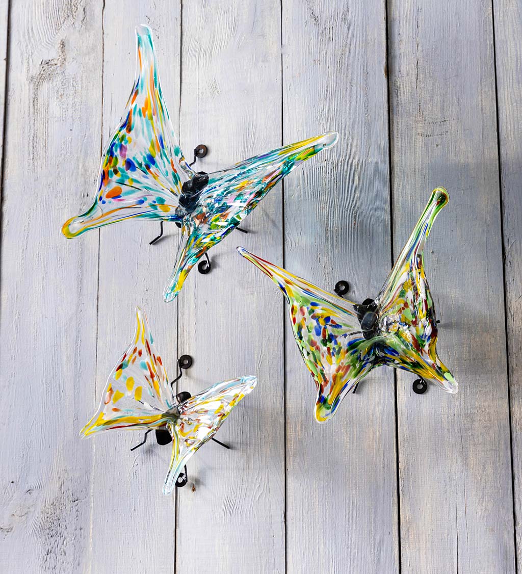 Art Glass Butterflies with Iron Feet, Set of 3