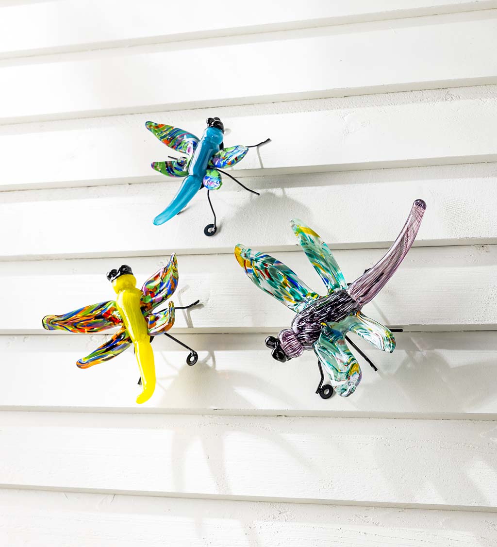 Art Glass Dragonflies with Iron Feet, Set of 3