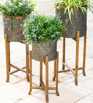Corrugated Galvanized Metal Planter with Wooden Stand, Set of 3