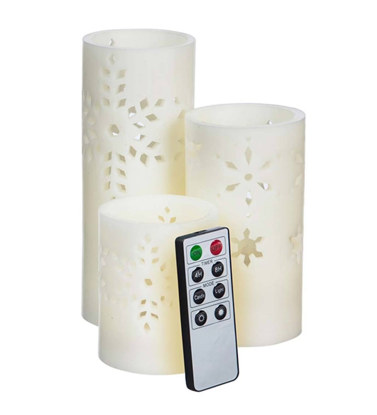 Snowflake Cutout LED Pillar Candles with Remote, Set of 3