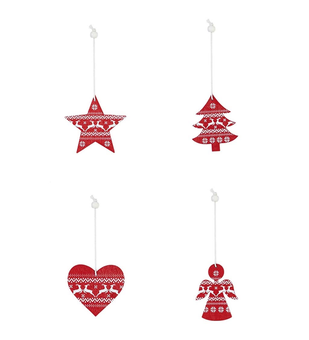 Red and White Patterned Wooden Ornaments, Set of 12