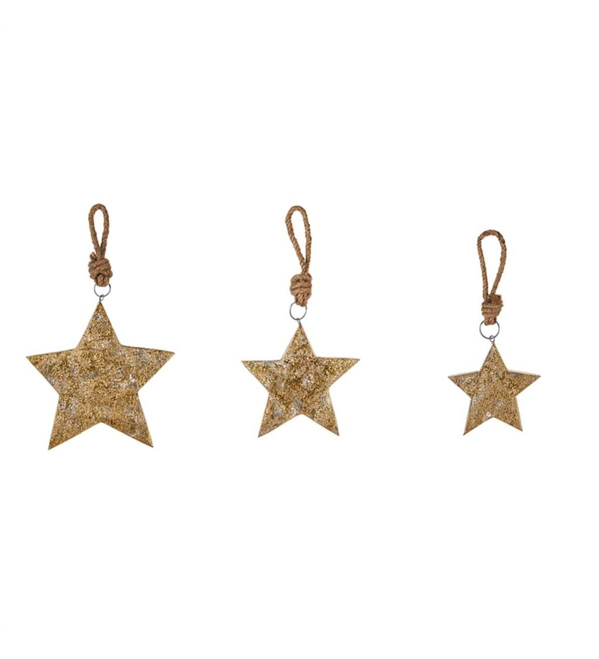 Gold and Silver Wooden Star Ornaments, Set of 3