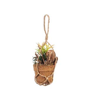 Coir Fiber Pot with Faux Plants and Rope Hanger