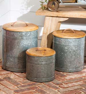 Nested Galvanized Metal and Wood Containers, Set of 3