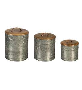 Nested Galvanized Metal and Wood Containers, Set of 3