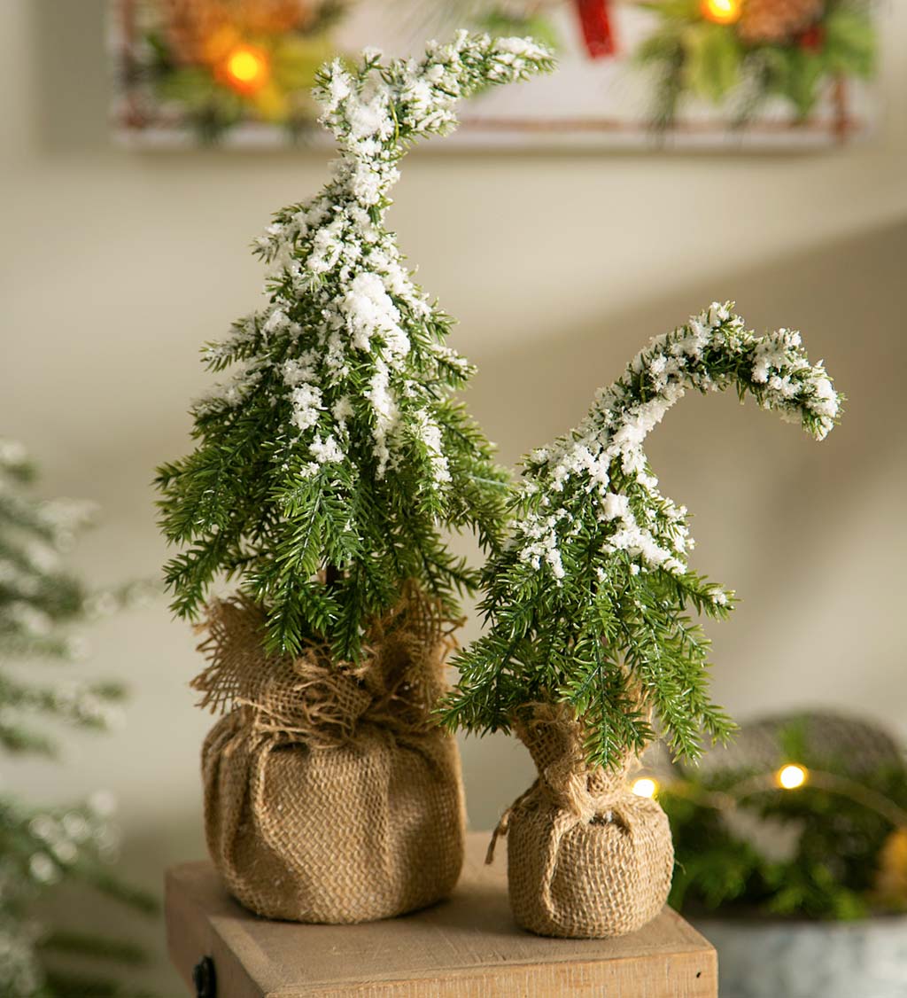 Snow Dusted Faux Trees in Burlap, Set of 2