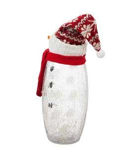 LED Crackle Glass Snowmen with Knit Hats, Set of 2