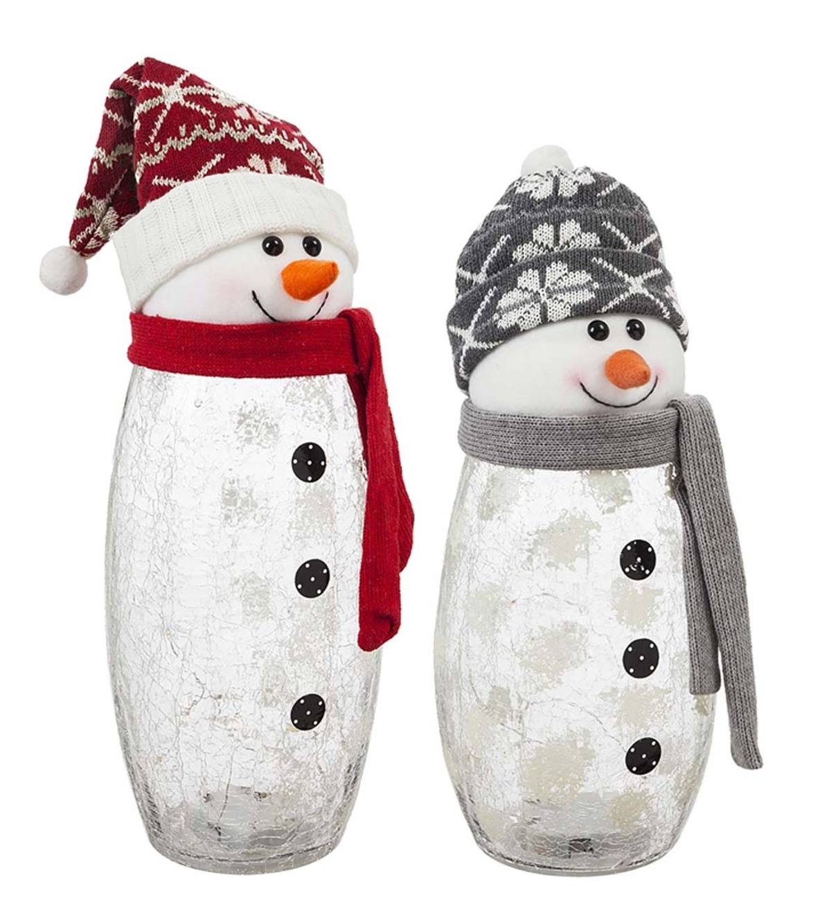 LED Crackle Glass Snowmen with Knit Hats, Set of 2