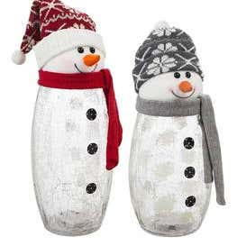 LED Crackle Glass Snowmen with Knit Hats, Set of 2