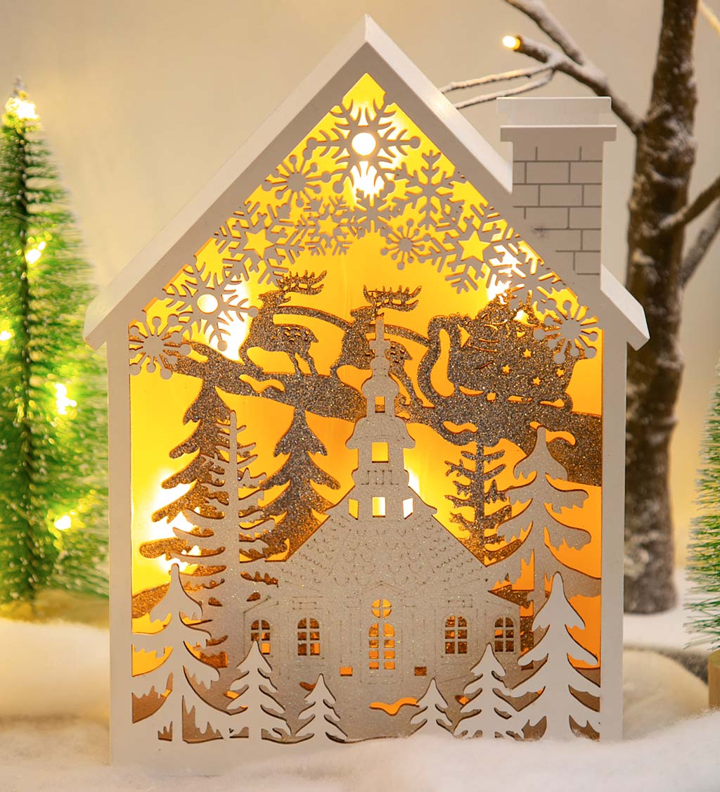 LED Wooden House with Santa Scene Lighted Decor