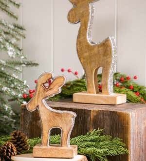 Wooden Reindeer with Silver Sequins, Set of 2