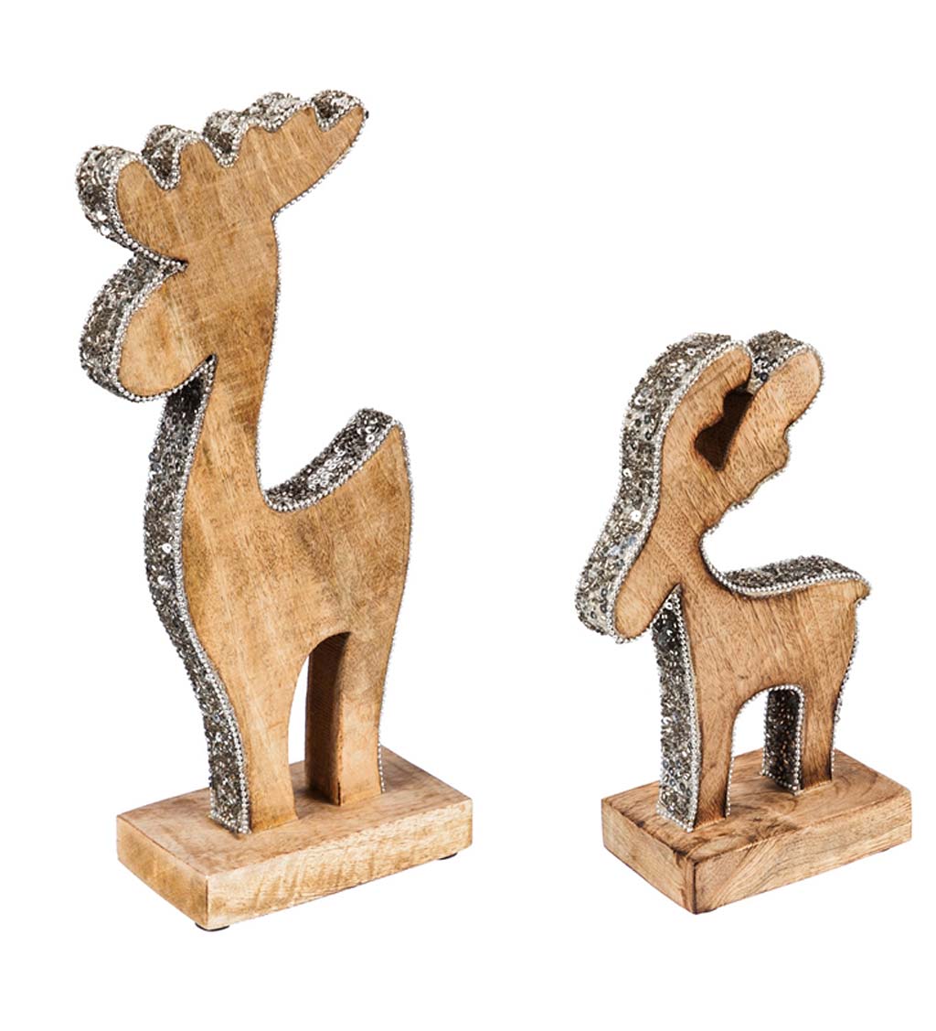 Wooden Reindeer with Silver Sequins, Set of 2