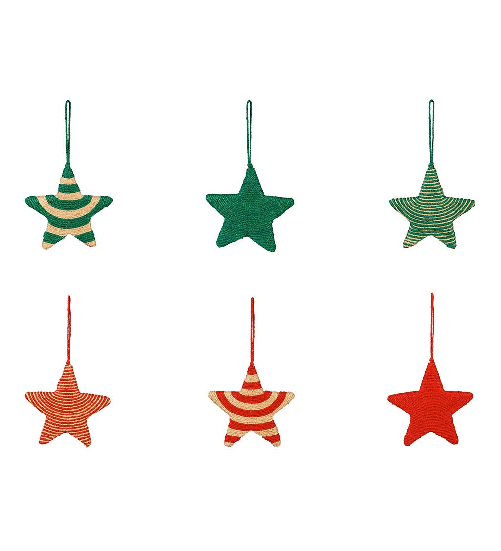 Red and Green Natural-Fiber Star Ornaments, Set of 6