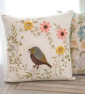 Embroidered Bird and Flowers Throw Pillow