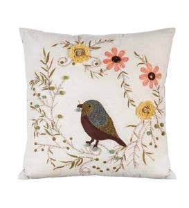 Embroidered Bird and Flowers Throw Pillow
