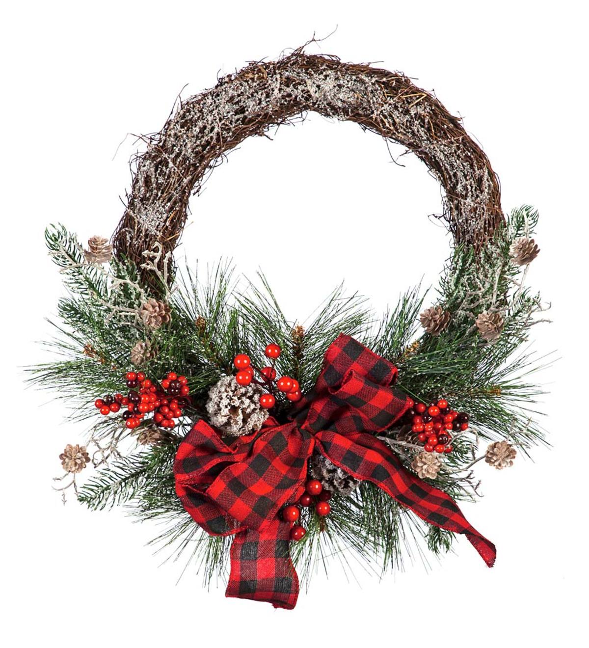 Snow Dusted Twig Pine Cone and Berry Wreath with Bow