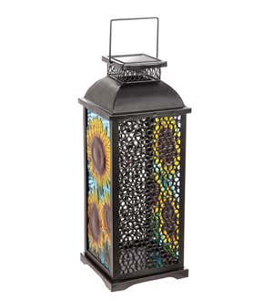 Hand-Painted Solar Sunflower Metal and Glass Lantern