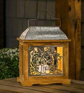 Give Thanks Pumpkin Galvanized Metal and Rustic Wood Lantern with Candle