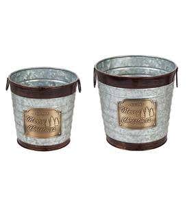 Galvanized Metal Christmas Planters with Brass Brim, Set of 2