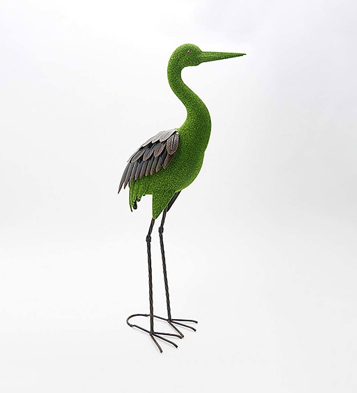 Standing Crane with Head Up Metal and Moss Green Flocking Statue