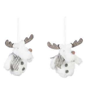Plush Moose Ornaments in Wooden Storage Crate, Set of 12
