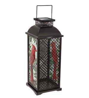 Painted Glass and Latticed Metal Cardinal Solar Lantern