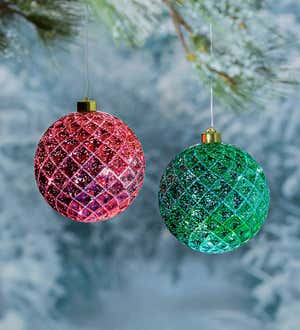 Indoor/Outdoor Lighted Shatterproof Hanging Holiday Faceted Ball 6" Ornaments, Set of 2 - Green/Red