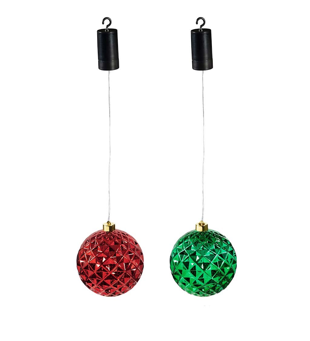 Indoor/Outdoor Lighted Shatterproof Hanging Holiday Faceted Ball 6" Ornaments, Set of 2 - Green/Red