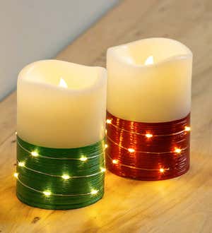 LED Half Metallic Wire Wrapped Flameless Pillar Candles, Set of 2