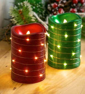 LED Metallic Wire Wrapped Flameless Pillar Candles, Set of 2