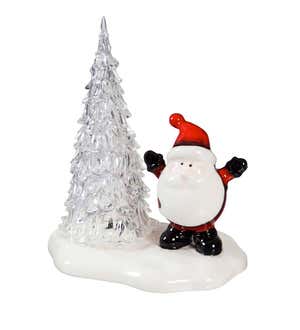 LED Ceramic Snowman and Santa with Trees, Set of 2