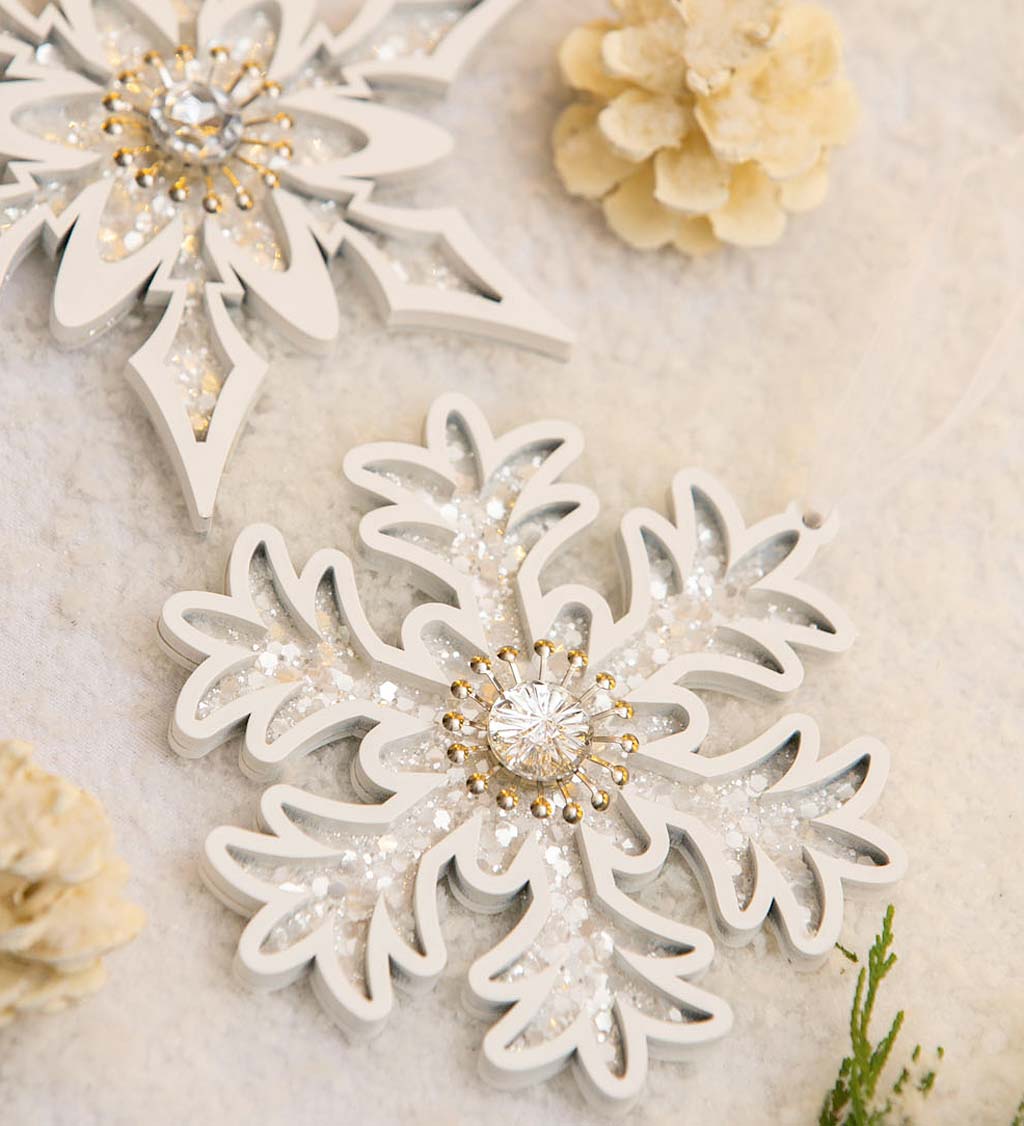 Wood and White Crystal Snowflake Ornaments, Set of 2