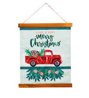 Embroidered Red Truck Holiday Hanging with Wooden Frame