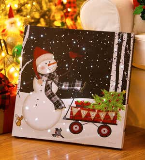 LED Snowman and Red Wagon Light-Up Wall Art