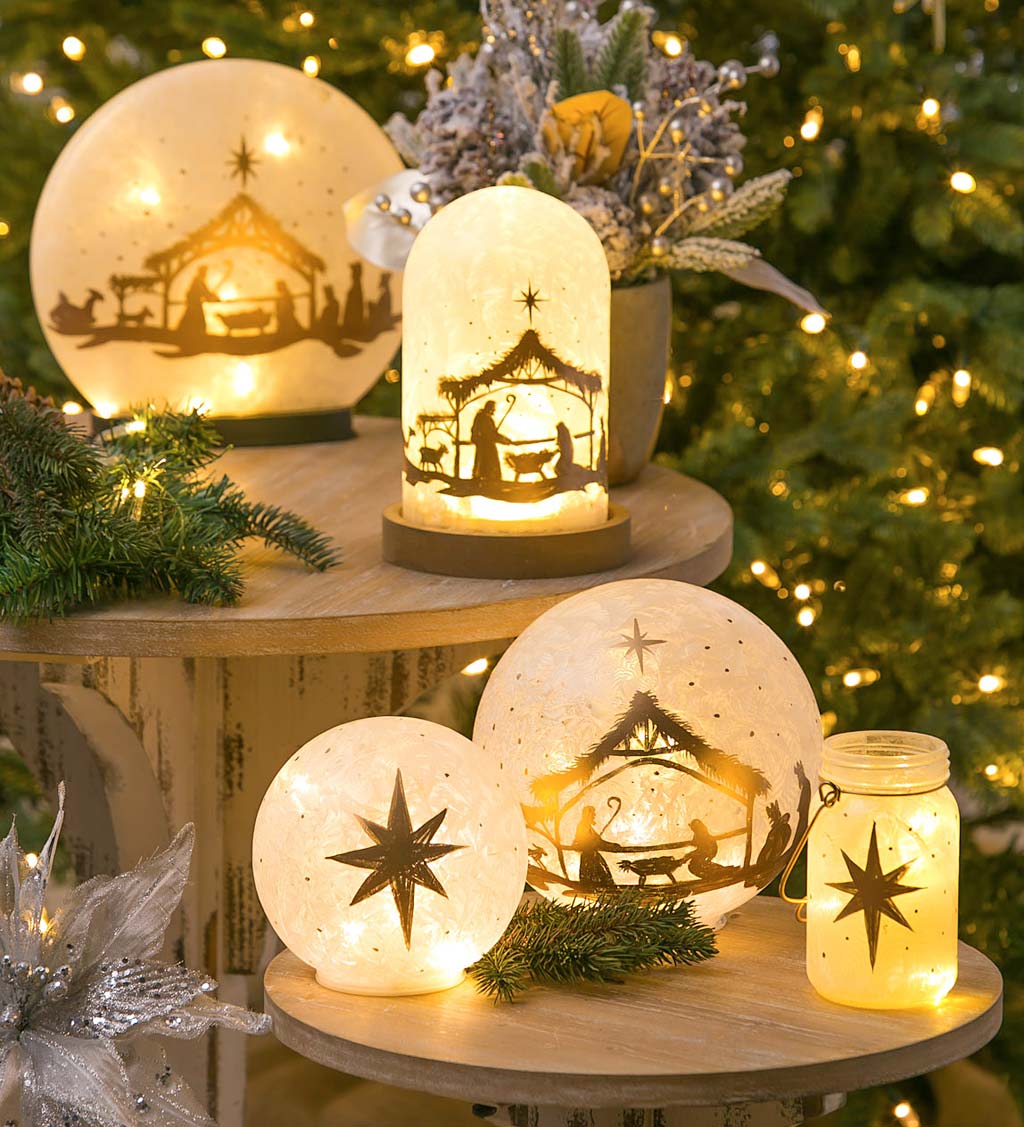 Hand-Painted Nativity LED Glass Globes, Set of 2