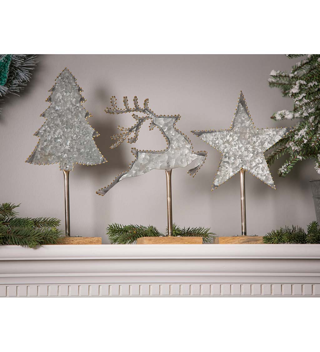 Galvanized Metal and Wood Christmas Tabletop Decor, Set of 3