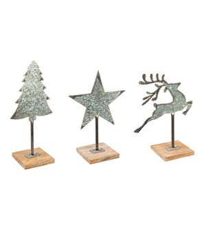 Galvanized Metal and Wood Christmas Tabletop Decor, Set of 3
