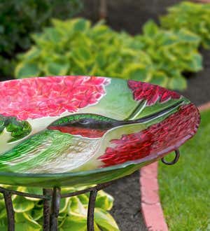 Textured Glass Hummingbirds and Red Hydrangea Birdbath Basin