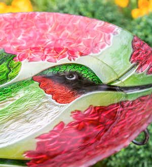 Textured Glass Hummingbirds and Red Hydrangea Birdbath Basin