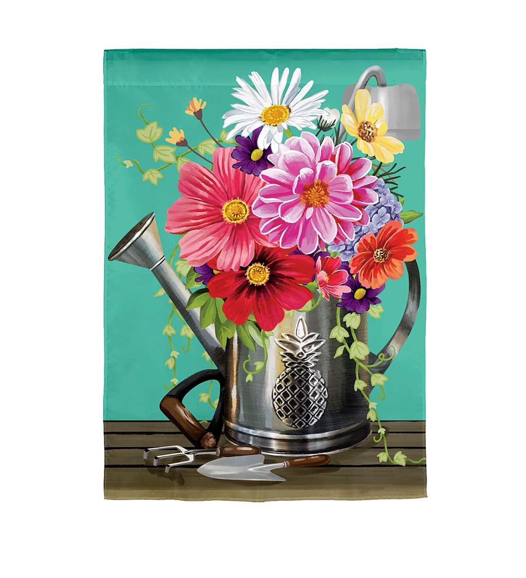 Pineapple Watering Can with Flowers Linen Garden Flag