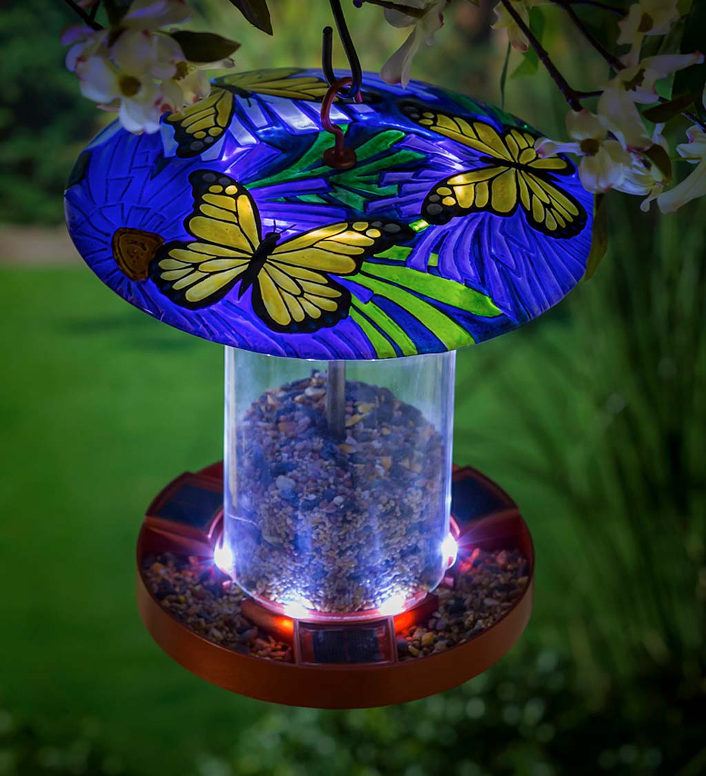 Hand-Painted Embossed Glass Butterfly Solar Bird Feeder