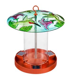 Hand-Painted Embossed Glass Hummingbird Solar Bird Feeder