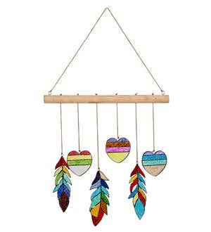 Stained Glass Heart and Feather Hanging Mobile