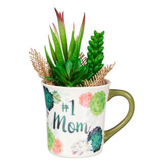 Faux Floral Arrangement with Coffee Cup Gift Set